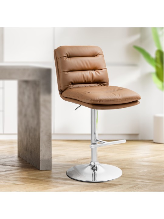 Juego de 2 taburetes de bar Damar piel sintética cromados, marrón claro