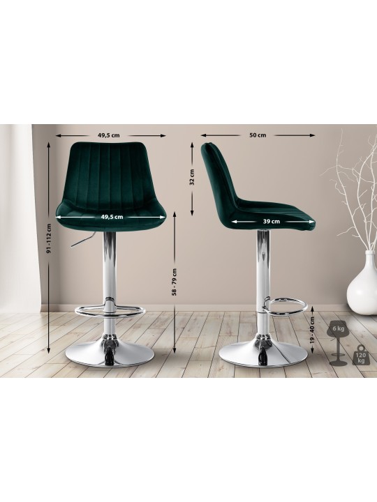 Juego de 2 taburetes de bar Toni terciopelo cromado, verde