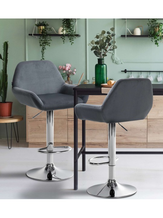 Juego de 2 taburetes de bar Braga terciopelo cromado, gris oscuro Juego de 2 taburetes de bar Braga terciopelo cromado, gris oscuro