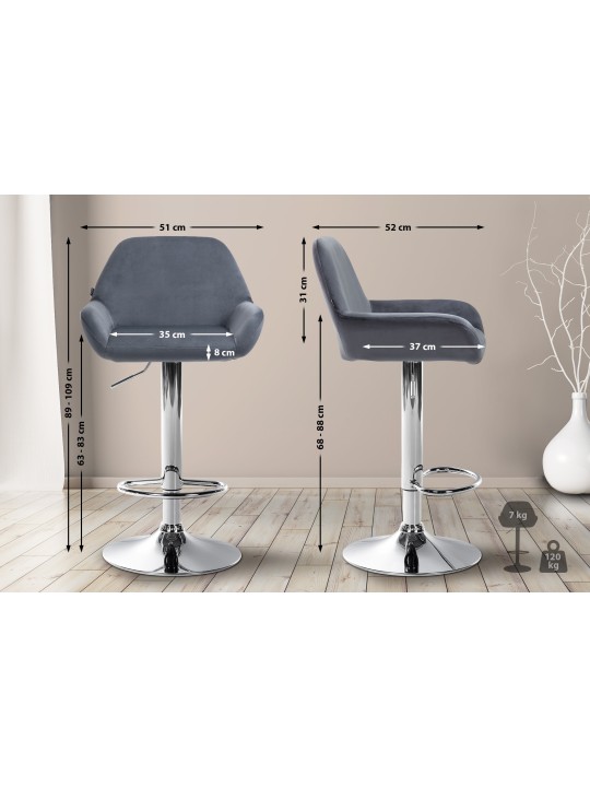 Juego de 2 taburetes de bar Braga terciopelo cromado, gris oscuro Juego de 2 taburetes de bar Braga terciopelo cromado, gris oscuro