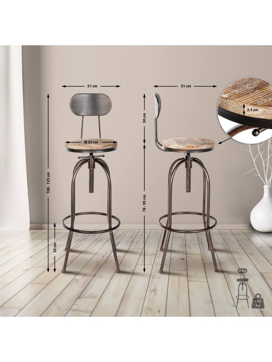Taburete de bar Pino, madera, bronce