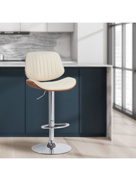 Taburete de bar Clawson piel sintética cromado, nogal/crema