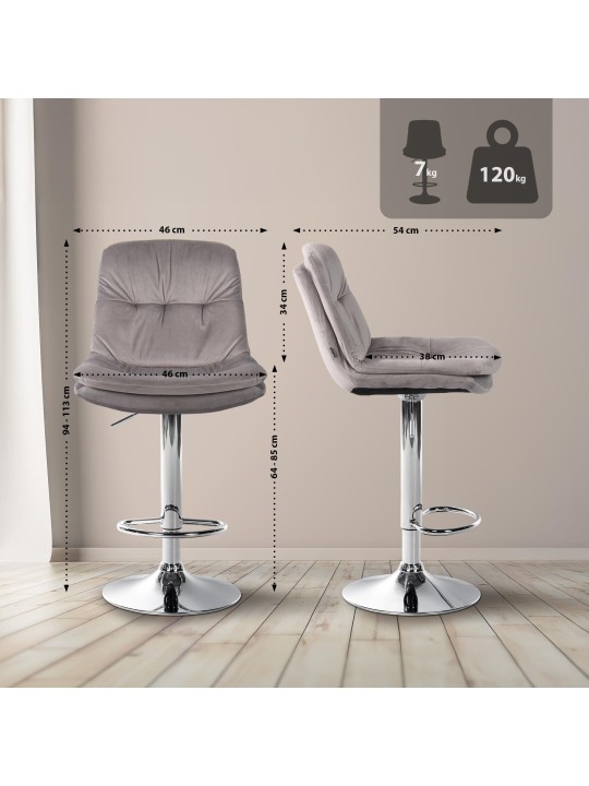 Taburete de bar Laurel Terciopelo Cromo, gris