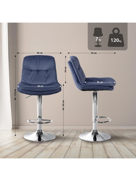 Taburete de bar Laurel Terciopelo Cromo, azul Taburete de bar Laurel Terciopelo Cromo, azul