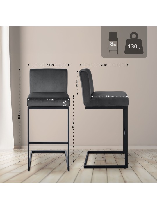 Taburete de bar Hopewell terciopelo B, gris oscuro