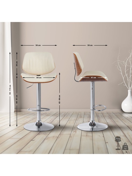 Juego de 2 taburetes de bar Clawson polipiel cromado, nogal/crema