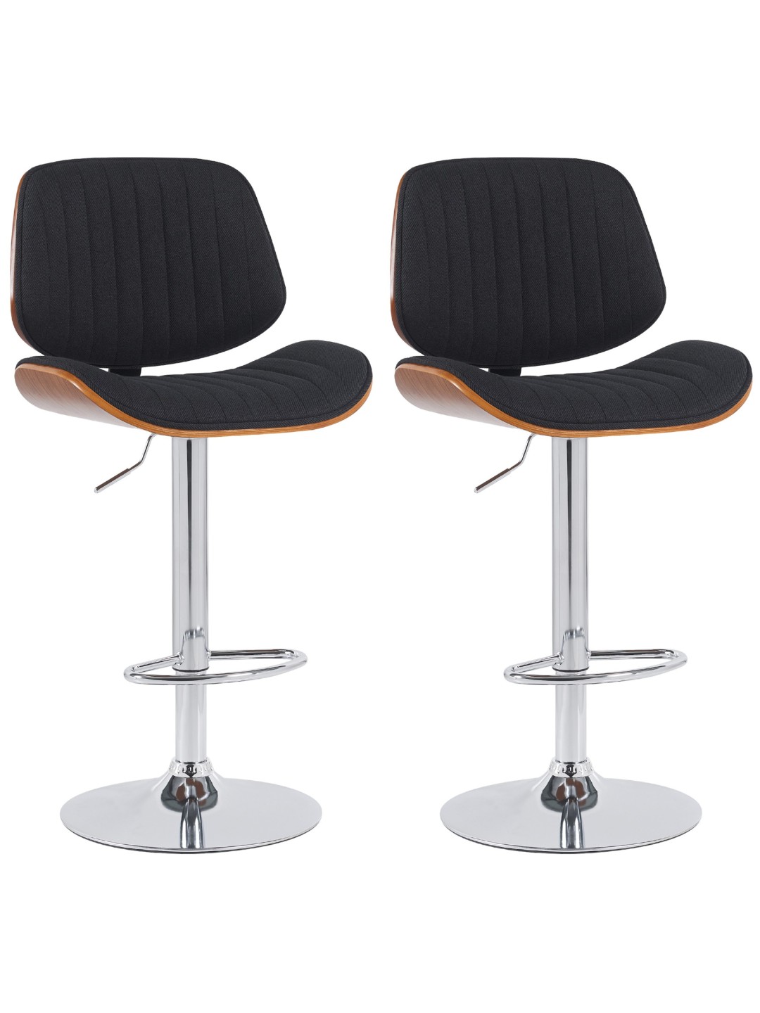 Juego de 2 taburetes de bar Clawson tela cromo, nogal/negro