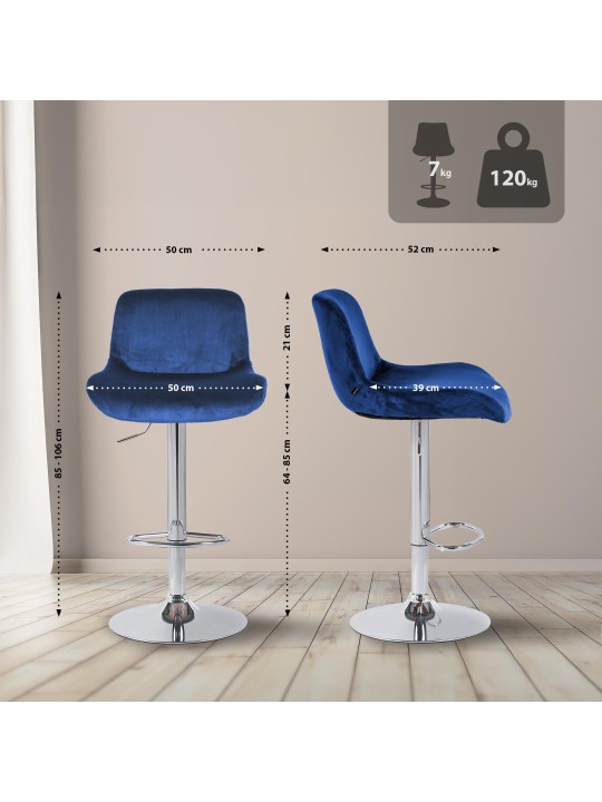 Juego de 2 taburetes de bar Solon terciopelo cromado, azul Juego de 2 taburetes de bar Solon terciopelo cromado, azul