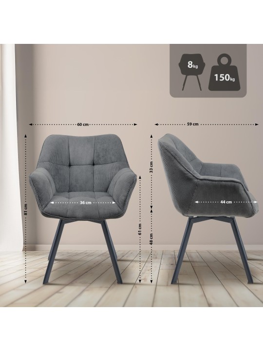 Silla de comedor Jordi Cord, gris oscuro