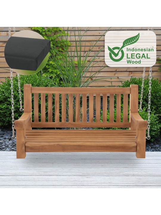 Banco mecedora Joyce con cojín de asiento 120 cm + teca, gris oscuro Banco mecedora Joyce con cojín de asiento 120 cm + teca, gris oscuro