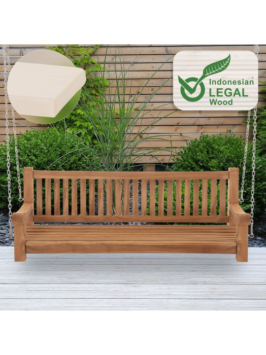 Banco mecedora Joyce con cojín de asiento 180 cm + teca, crema