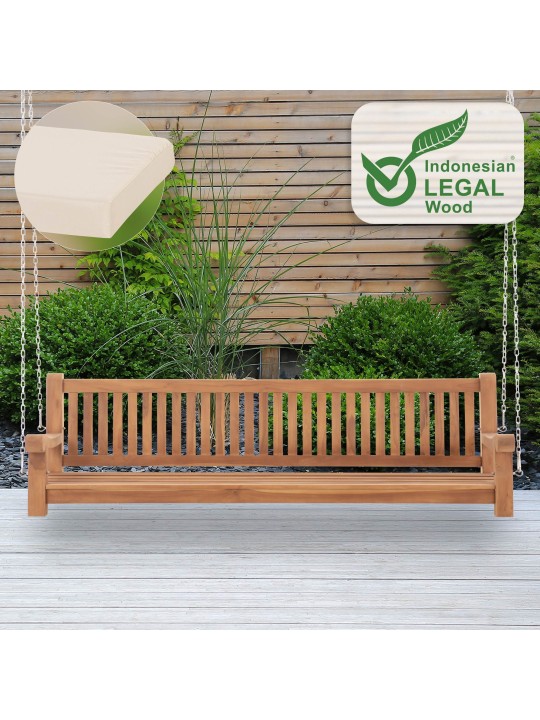 Banco mecedora Joyce con cojín de asiento 220 cm + teca, crema Banco mecedora Joyce con cojín de asiento 220 cm + teca, crema