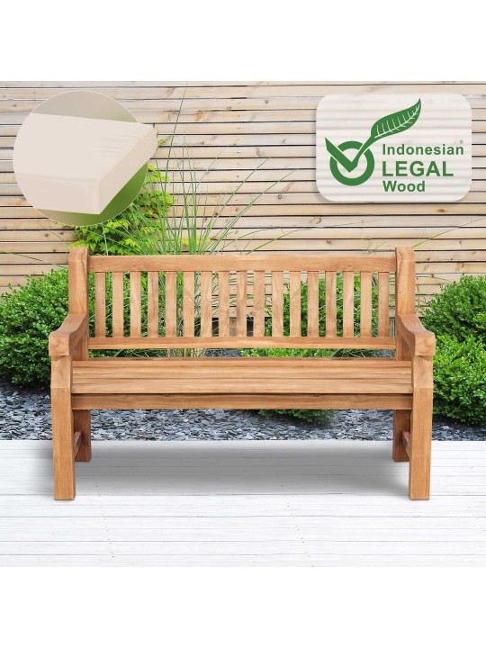 Banco de teca Jackson con cojín de asiento 150 cm + teca, crema Banco de teca Jackson con cojín de asiento 150 cm + teca, crema