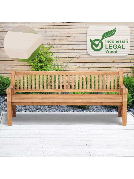 Banco de teca Jackson con cojín de asiento 220 cm + teca, crema Banco de teca Jackson con cojín de asiento 220 cm + teca, crema