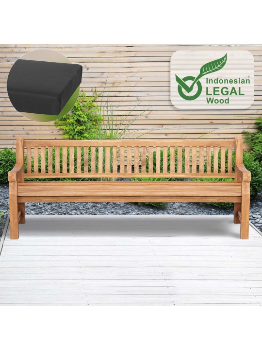 Banco de teca Jackson con cojín de asiento 240 cm + teca, gris oscuro