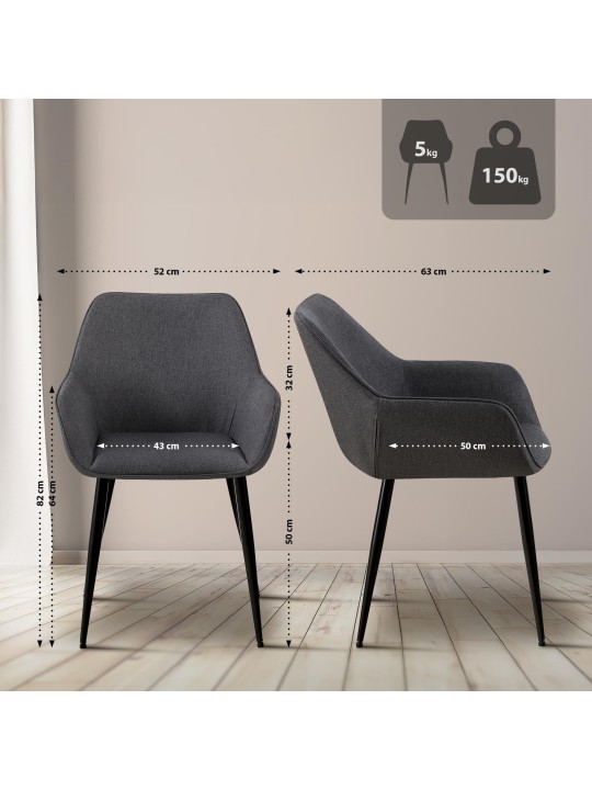 Juego de 2 sillas de comedor tela Luena, gris oscuro