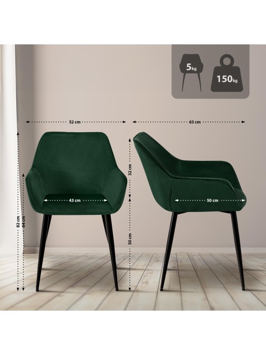 Juego de 2 sillas de comedor Luena terciopelo, verde