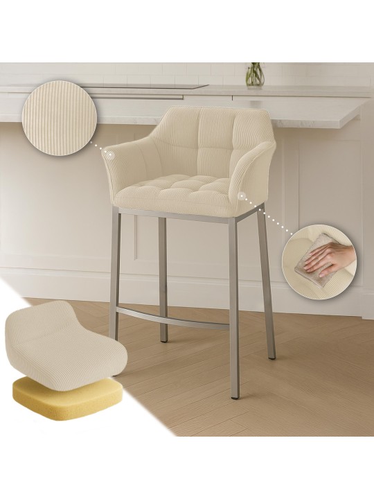 Taburete de bar Damaso E Cord con estructura de 4 pies, crema