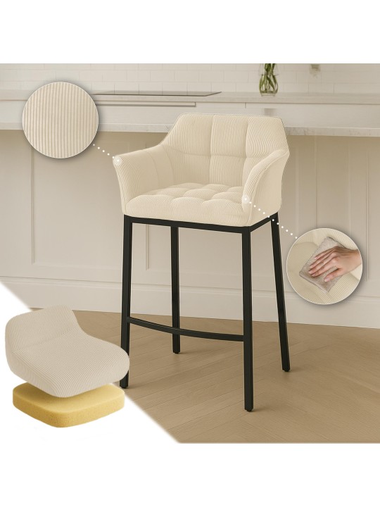 Taburete de bar Damaso B Cord con estructura de 4 pies, crema