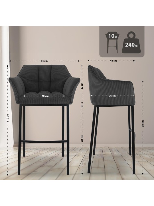 Taburete de bar Damaso B Cord con estructura de 4 pies, gris oscuro