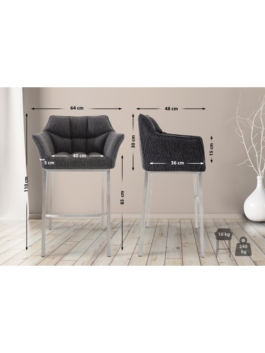 Taburete de bar Damaso E tela con estructura de 4 pies, gris titanio