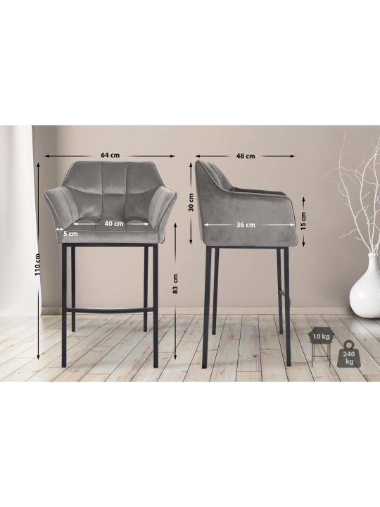 Taburete de bar Damaso B terciopelo con estructura de 4 pies, gris