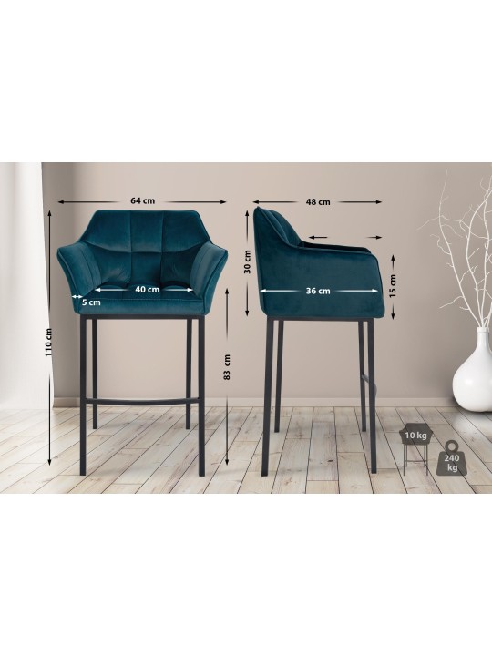 Taburete de bar Damaso B terciopelo con estructura de 4 pies, verde