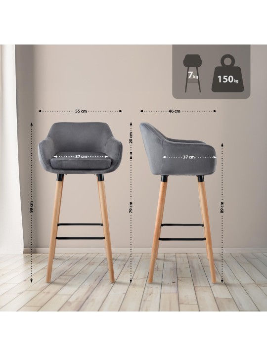 Juego de 2 taburetes de bar Grant terciopelo, gris Juego de 2 taburetes de bar Grant terciopelo, gris